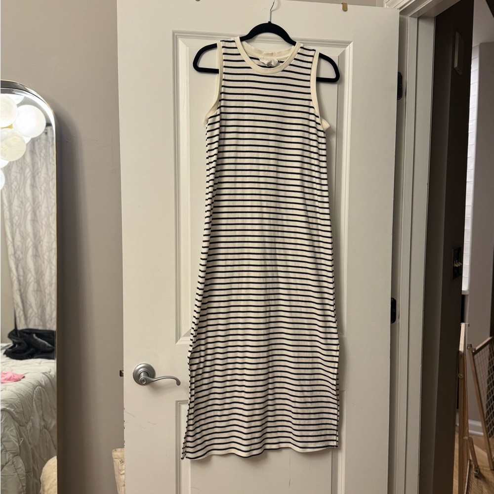 Pomander Place Cream & Black Striped Sleeveless Maxi Dress